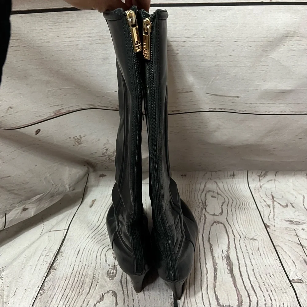 Tory Burch Black Irene Wedge Equestrian Leather Calf Boots/Booties